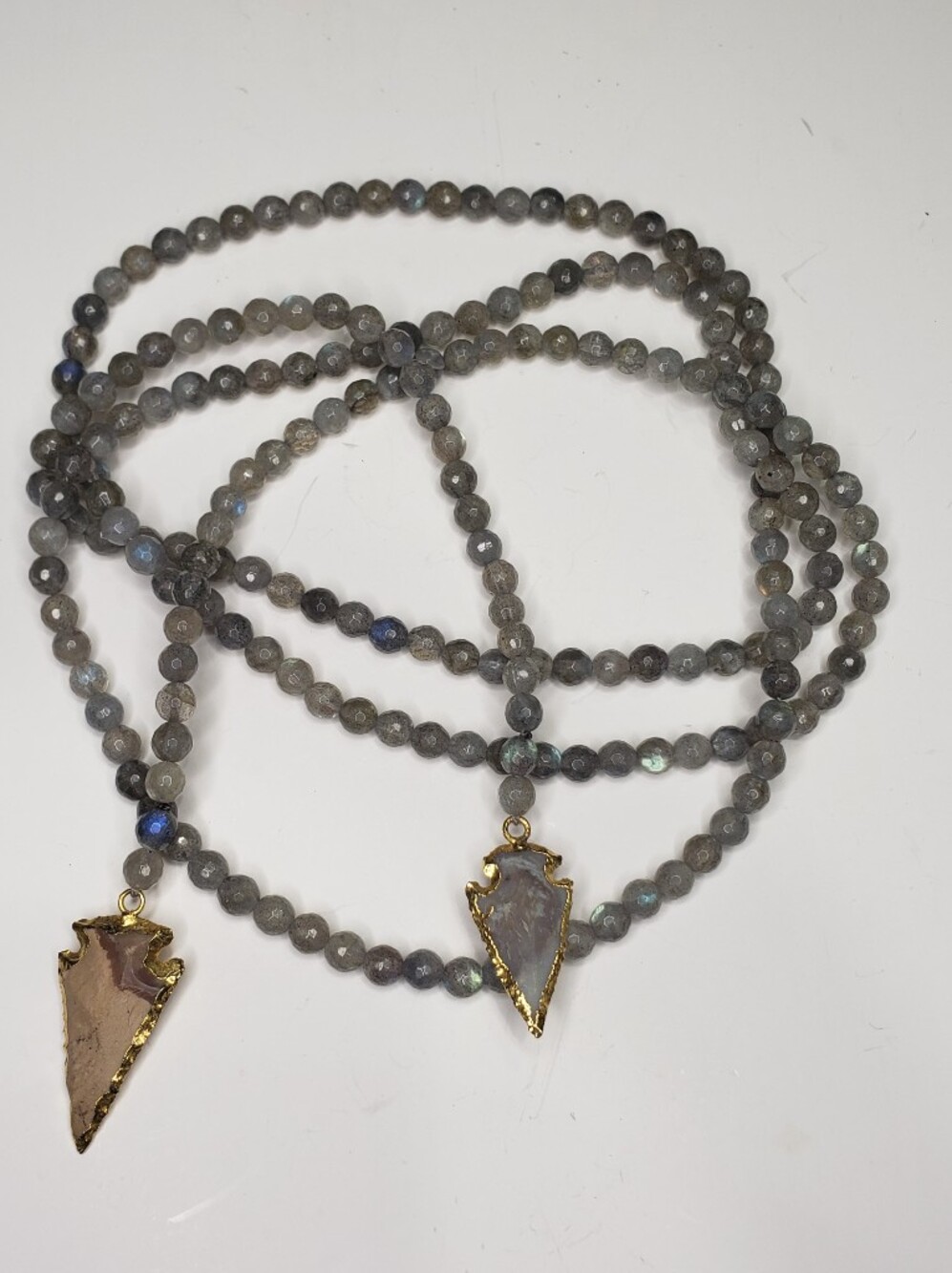 High Quality Labradorite Beaded Arrowhead Lariat Necklace - Gold Accents